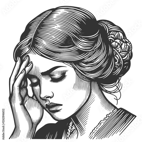 distressed woman with wavy hair, holding her head in frustration or pain, evoking classic retro aesthetics sketch engraving generative ai vector illustration. Scratch board. Black and white image.