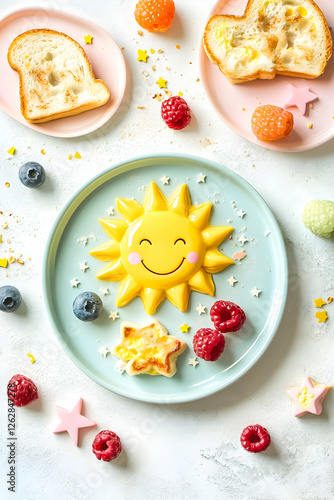 Wallpaper Mural Colorful breakfast plate featuring a smiling sun design made from pancake and fresh fruits on pastel dishes Torontodigital.ca