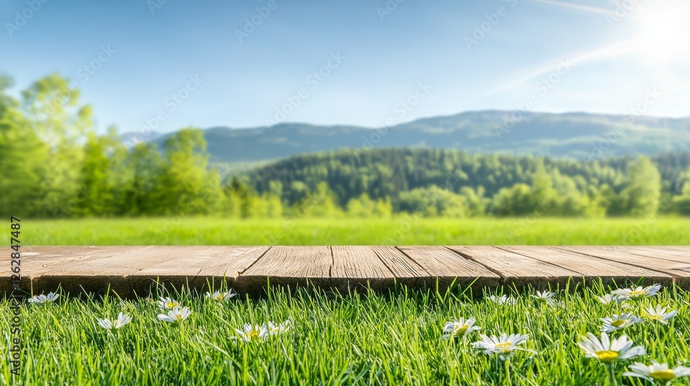 Fototapeta premium Scenic mountain vista wooden planks pathway through verdant grass landscape