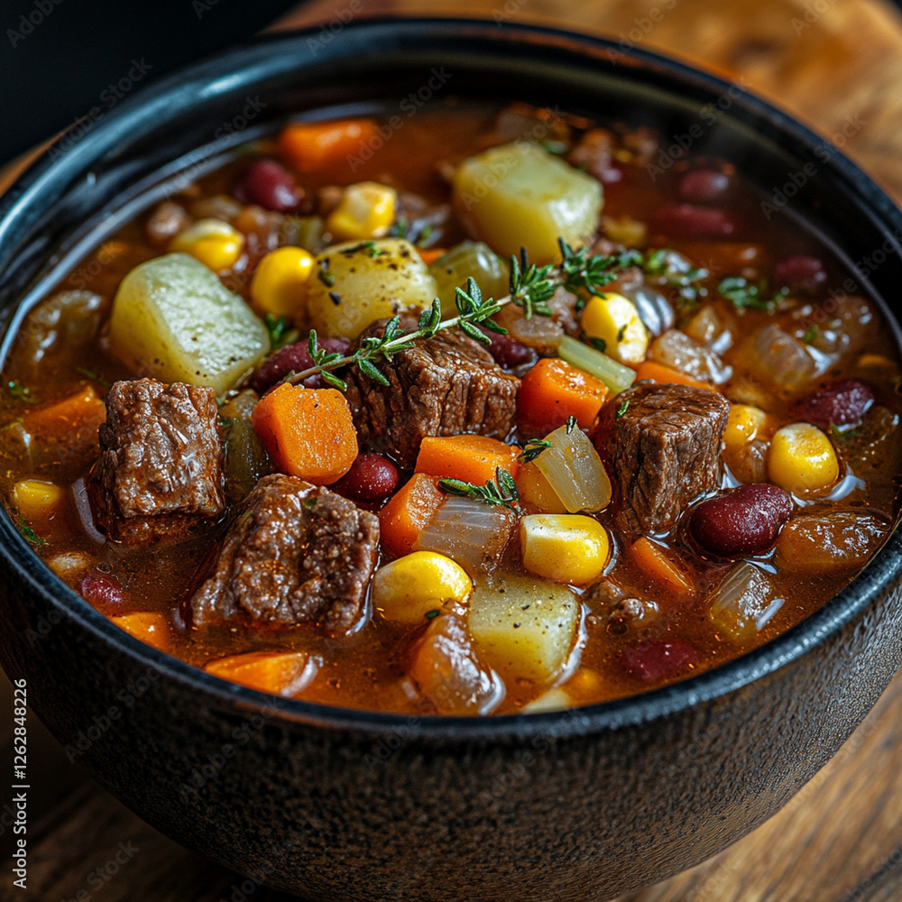 Hearty beef stew with vegetables simmering in rich broth on a rustic wooden table. Generative AI Hearty beef stew with vegetables simmering in rich broth on a rustic wooden table. Generative AI