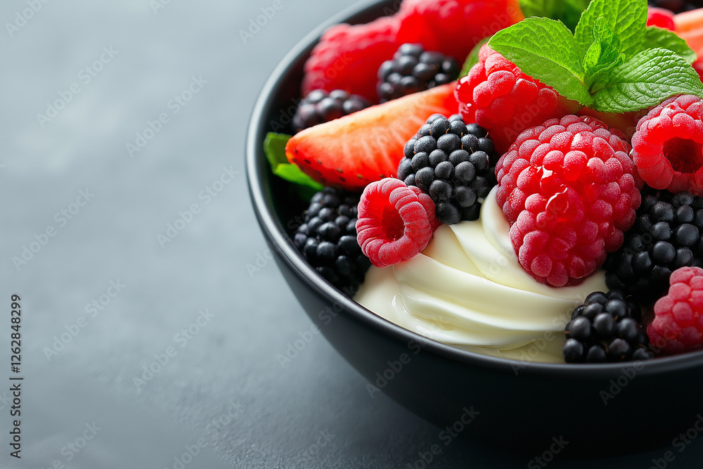 Fresh fruit salad with Greek yogurt, topped with berries and mint leaves, offers vibrant and healthy treat. Perfect for breakfast or snack Fresh fruit salad with Greek yogurt, topped with berries and mint leaves, offers vibrant and healthy treat. Perfect for breakfast or snack