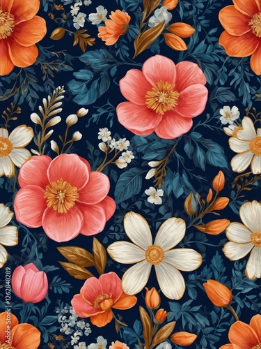 A seamless floral pattern featuring vibrant cherry blossoms, lush green leaves, and delicate birds, creating an elegant and timeless design in rich red and pink tones.