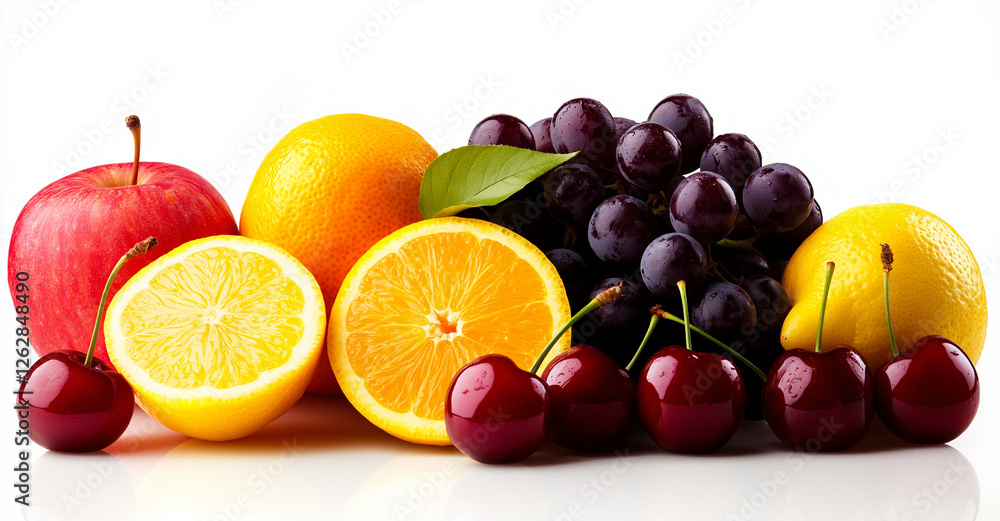 Fresh fruits including apples, oranges, lemons, grapes, and cherries arranged beautifully on white background, showcasing vibrant colors and textures Fresh fruits including apples, oranges, lemons, grapes, and cherries arranged beautifully on white background, showcasing vibrant colors and textures