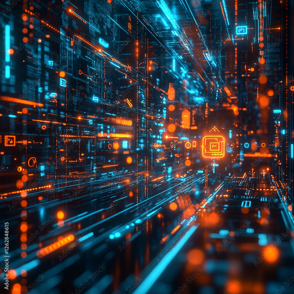 Dynamic visualization of generative AI technology in a digital environment with glowing elements. Generative AI Dynamic visualization of generative AI technology in a digital environment with glowing elements. Generative AI