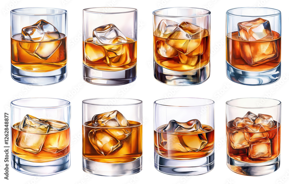 Whiskey Glasses, A Captivating Still Life of Golden Liquor and Melting Ice Cubes, Isolated on White Background Cutout Whiskey Glasses, A Captivating Still Life of Golden Liquor and Melting Ice Cubes, Isolated on White Background Cutout
