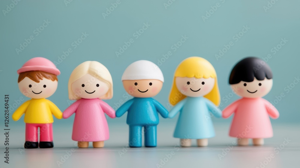 A colorful group of five playful plastic figures, representing diversity and friendship, set against a soft blue background. A colorful group of five playful plastic figures, representing diversity and friendship, set against a soft blue background.