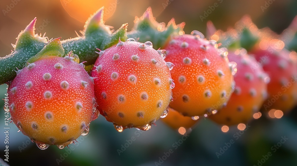 Dew-covered, vibrant red-orange fruits on a thorny vine at sunrise. Dew-covered, vibrant red-orange fruits on a thorny vine at sunrise.