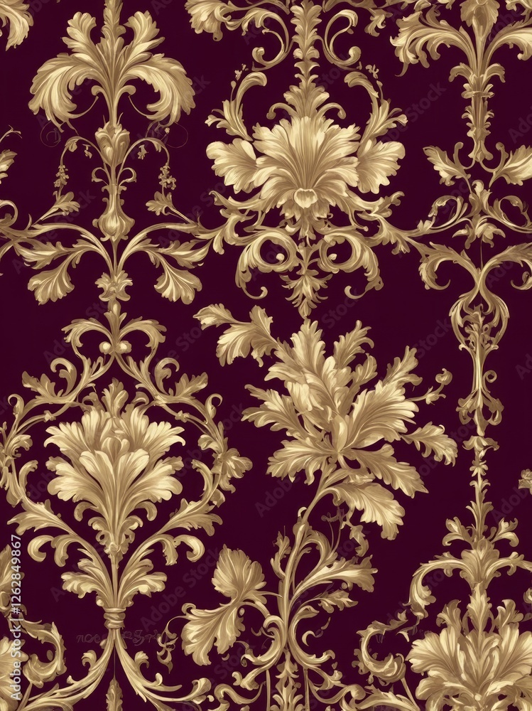 Fototapeta premium A seamless floral pattern featuring vibrant cherry blossoms, lush green leaves, and delicate birds, creating an elegant and timeless design in rich red and pink tones.