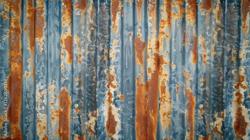 Fototapeta A textured surface with rust spots, featuring vertical lines in blue and orange hues, evoking a weathered and industrial aesthetic.