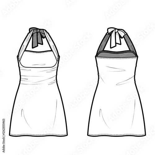 Technical flat sketch of Halter neck mini dress. Ruched body one-piece with sweatheart neck. Ribbon, Open back dress. Vector mock up Template.