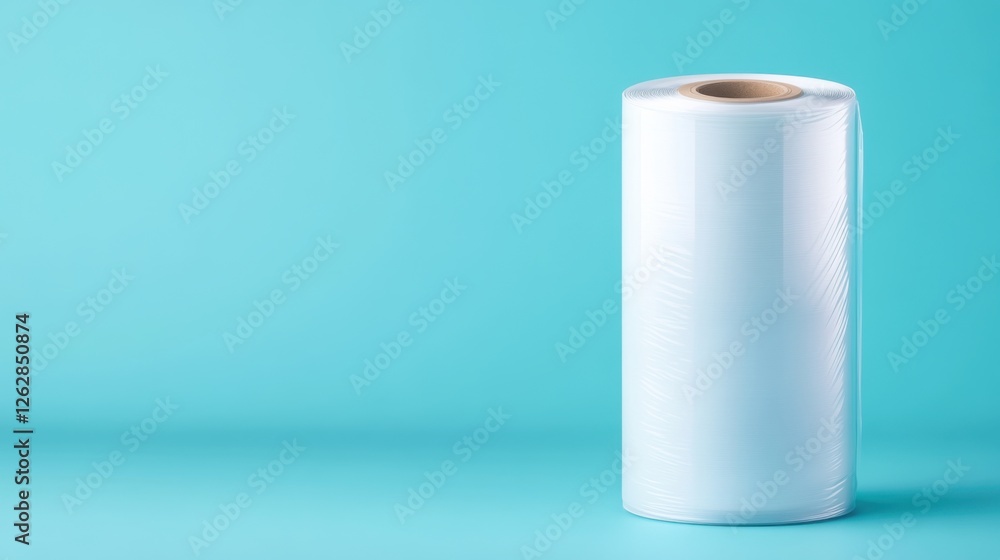 Roll of Plastic Wrap on Light Blue Background Perfect for Food Storage and Kitchen Use in Culinary Settings Roll of Plastic Wrap on Light Blue Background Perfect for Food Storage and Kitchen Use in Culinary Settings