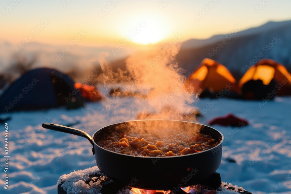 Cooking outdoors on a mountain at sunset Cooking outdoors on a mountain at sunset