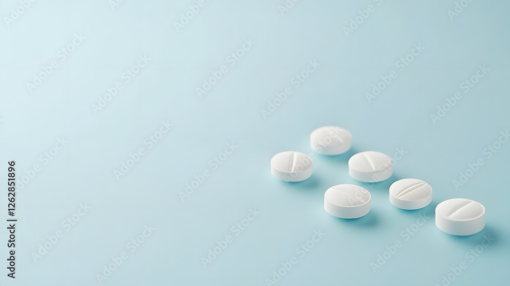 White Tablets on Soft Blue Surface for Medical and Health Concepts White Tablets on Soft Blue Surface for Medical and Health Concepts