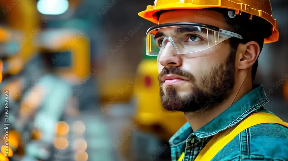 Focused engineer in factory, observing machinery Focused engineer in factory, observing machinery