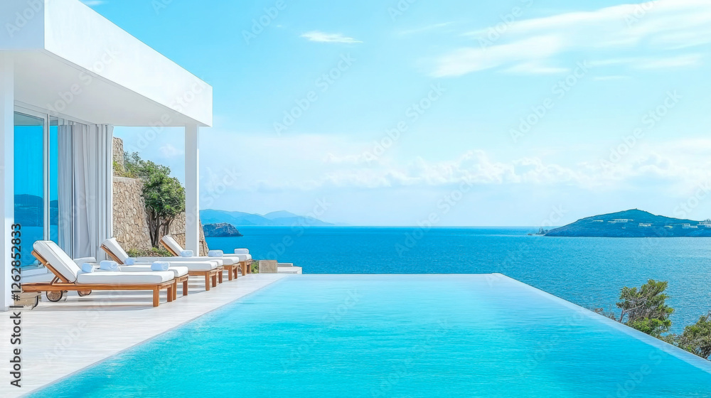 Fototapeta premium Terrace in villa with swimming pool clear blue water with stunning sea view and sky
