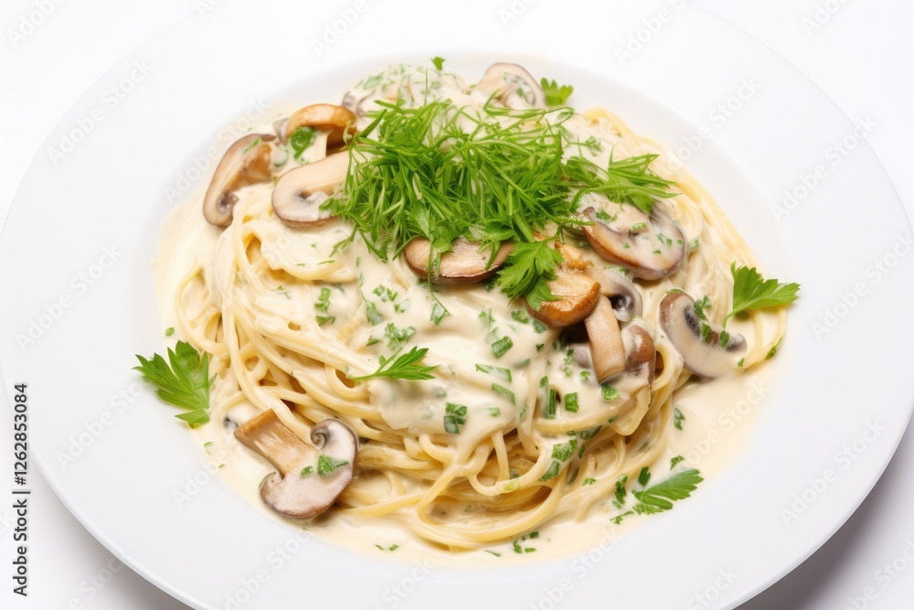 Spaghetti pasta with mushrooms and creamy sauce on white background garnished with parsley Spaghetti pasta with mushrooms and creamy sauce on white background garnished with parsley