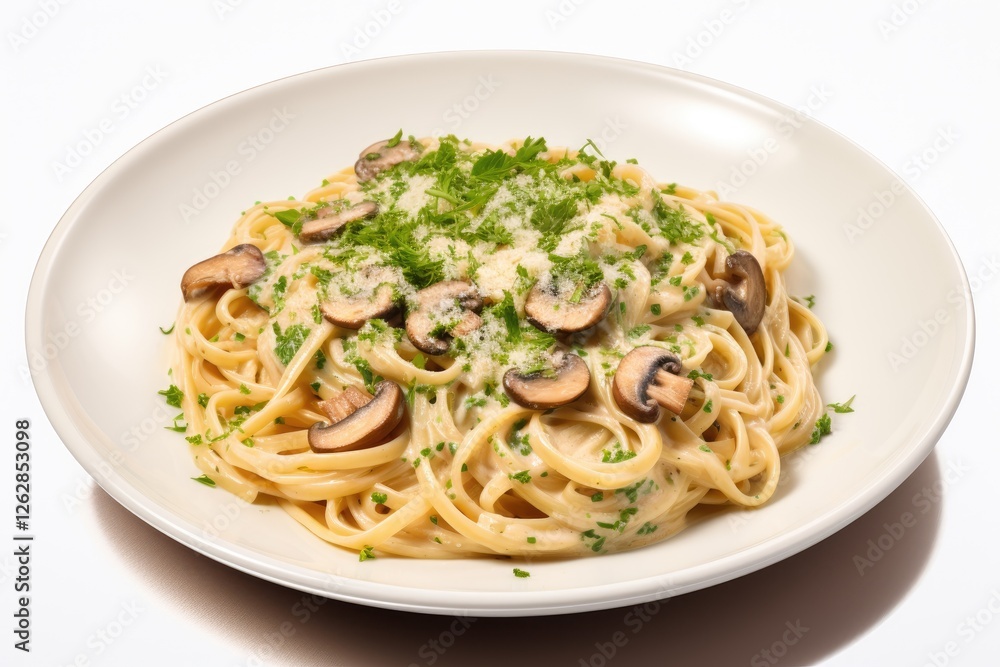 Spaghetti pasta with mushrooms and creamy sauce on white background garnished with parsley Spaghetti pasta with mushrooms and creamy sauce on white background garnished with parsley