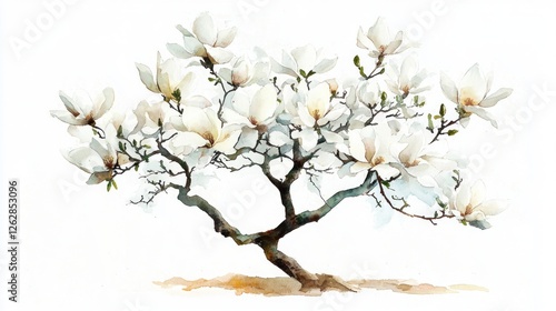 Fototapeta Naklejka Na Ścianę i Meble -  White magnolia tree blossoms, spring garden, nature art, botanical illustration