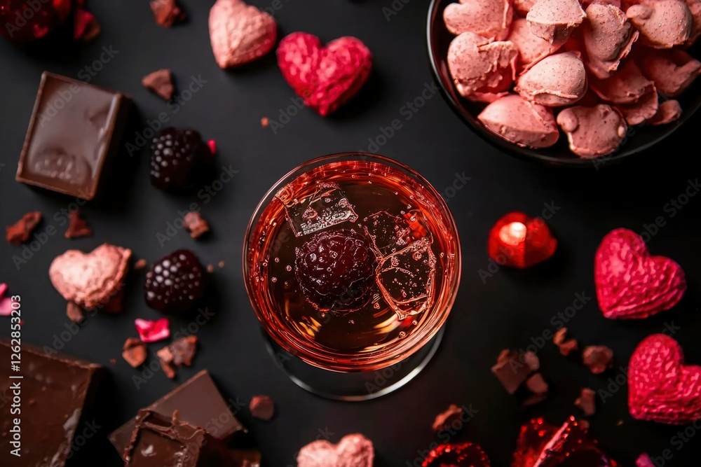 Fototapeta premium Valentine's Day Drink and Treats on Dark Background