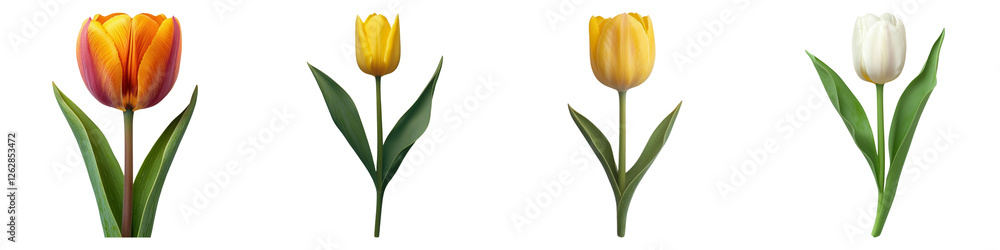 Naklejka premium A vibrant collection of tulip flowers in various colors including orange, yellow, and white. Ideal for spring themes and nature-inspired designs. PNG transparent background