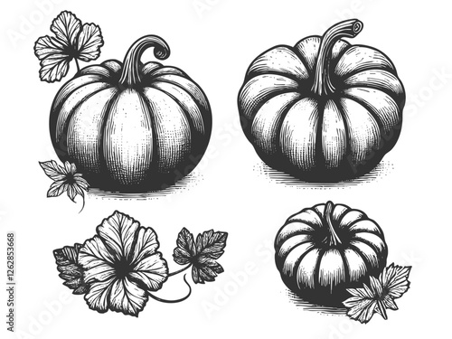 various pumpkins with leaves and vines, showcasing intricate details in a classic vintage botanical illustration style sketch engraving generative ai vector. Scratch board. Black and white image.