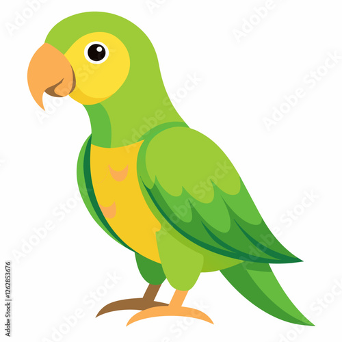  Сartoon bird Amazon parrot green yellow color  .Colorful exotic  parrot. Isolated on white background. Side view. Vector illustration. 