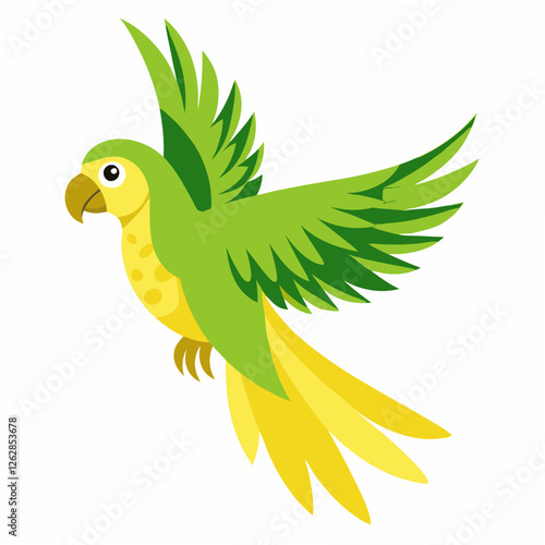 Сartoon bird Amazon parrot green yellow color in flight .Colorful exotic  parrot. Isolated on white background. Side view. Vector illustration.  