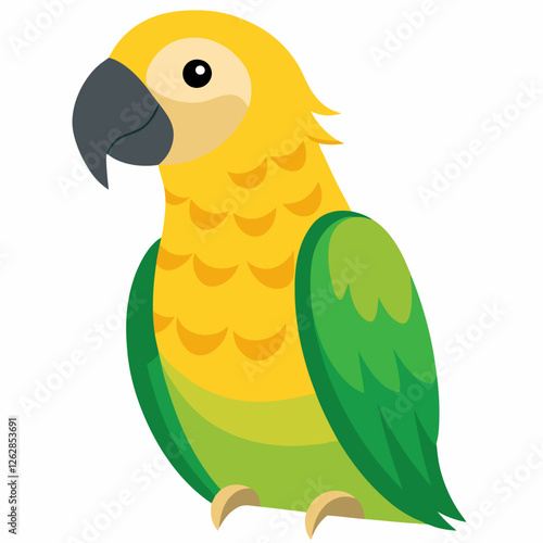 Cartoon bird green Amazon parrot of yellow headed. Colorful exotic bird parrot.Isolated on white background. Side view. Vector illustration.  