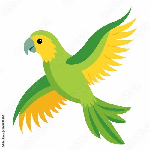 Cartoon bird Amazon parrot green yellow color in flight .Colorful exotic  parrot. Isolated on white background. Side view. Vector illustration.  