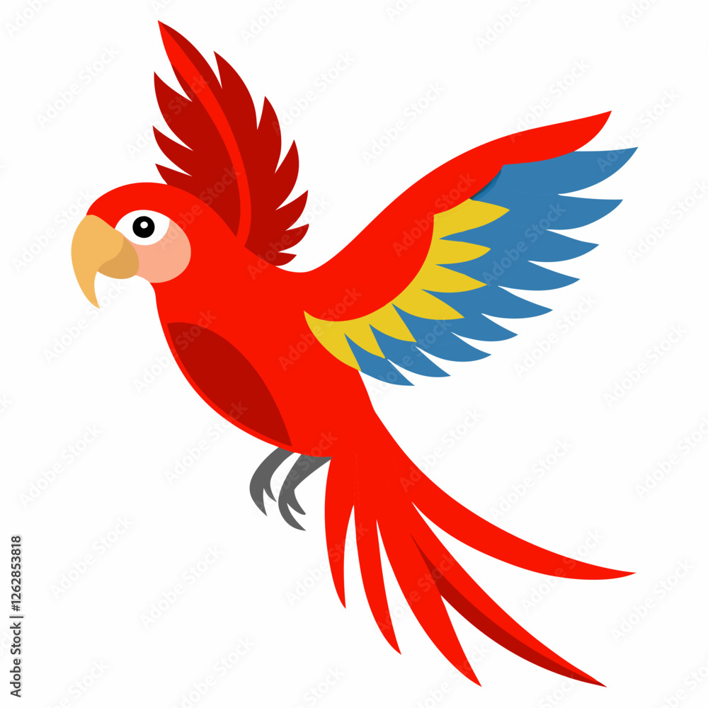 Fototapeta premium Cartoon flying Amazon macaw parrot red color. Exotic talking domestic bird. Vector illustration on white background
