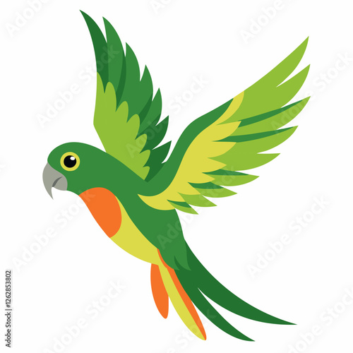 cartoon bird Amazon parrot green yellow color in flight  .Colorful exotic  parrot. Isolated on white background. Side view. Vector illustration.  