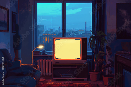 Pixel art living room showing old television and city view at dusk