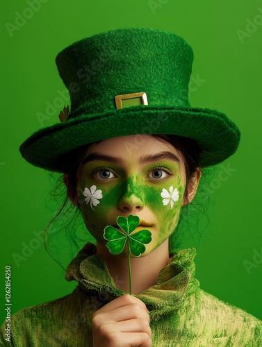 Portrait of a person wearing a green leprechaun hat with shamrock face paint, celebrating St. Patrick’s Day photo