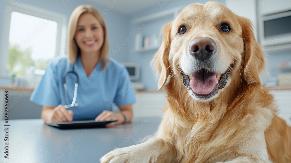 Friendly and caring female veterinarian professional carefully examining a happy and affectionate golden retriever dog in an animal clinic or hospital setting Concept of pet healthcare Friendly and caring female veterinarian professional carefully examining a happy and affectionate golden retriever dog in an animal clinic or hospital setting Concept of pet healthcare