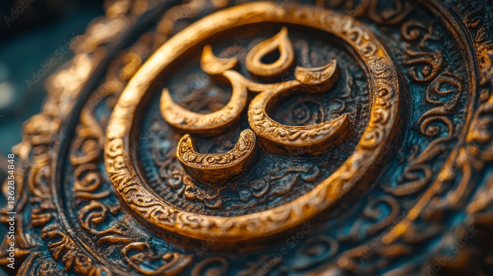 Fototapeta premium Exquisite craftsmanship highlights the Om symbol, a representation of spiritual significance. The detailed design invites reflection and contemplation in a serene environment.