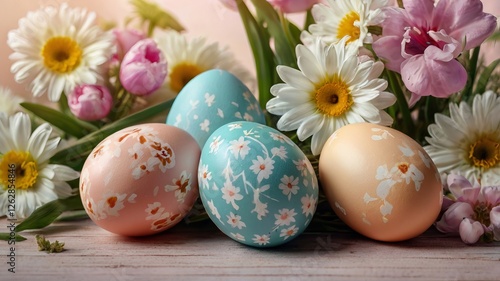 Easter Eggs and Spring Flowers on a Pastel Background photo