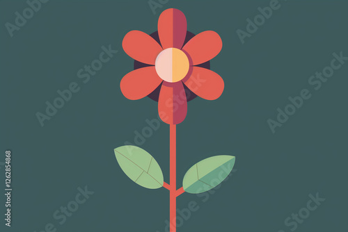 Red flower blooming with green leaves on dark green background