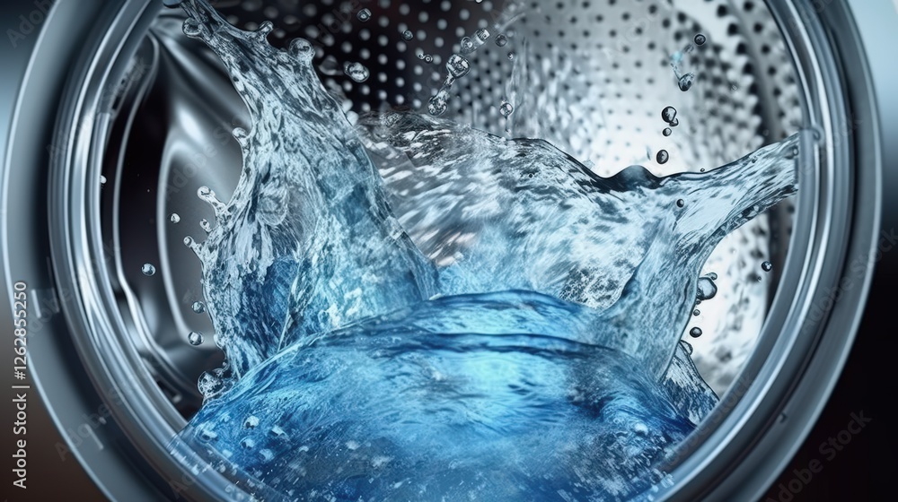 A close-up view of water splashing inside a washing machine drum, highlighting the motion and clarity of the water. A close-up view of water splashing inside a washing machine drum, highlighting the motion and clarity of the water.