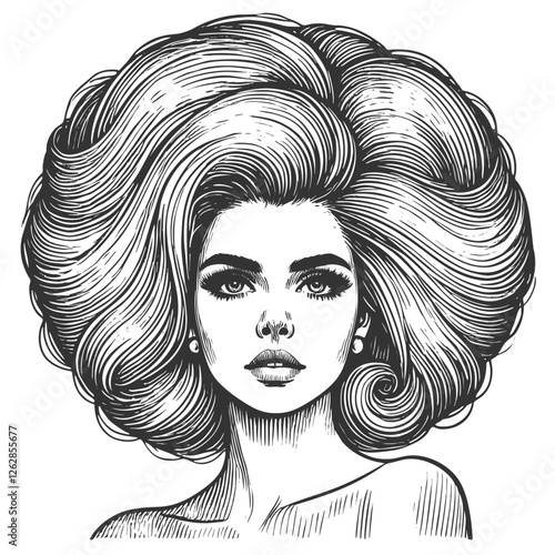 woman with an enormous, intricately curled hairstyle, blending surrealism, elegance, and vintage artistic style sketch engraving generative ai vector illustration. Scratch board. Black and white image