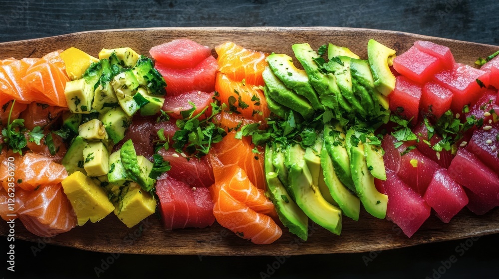 Vibrant Sashimi Platter with Salmon, Tuna, Avocado, and Citrus Vibrant Sashimi Platter with Salmon, Tuna, Avocado, and Citrus