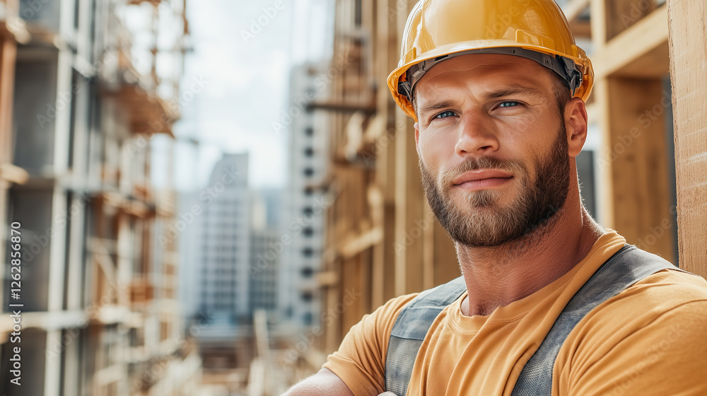 Construction site worker with builders equipment. A worker in a hard hat at a construction site. Construction site worker with builders equipment. A worker in a hard hat at a construction site.