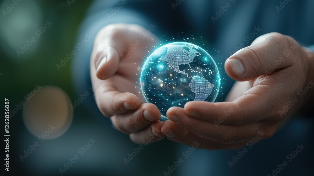 Futuristic digital globe held in human hands representing data driven business intelligence visualization and analytics The glowing world sphere symbolizes the power of technology innovation Futuristic digital globe held in human hands representing data driven business intelligence visualization and analytics The glowing world sphere symbolizes the power of technology innovation