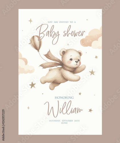 Watercolor baby shower invitation. Greeting card with flying teddy bear, clouds and stars.