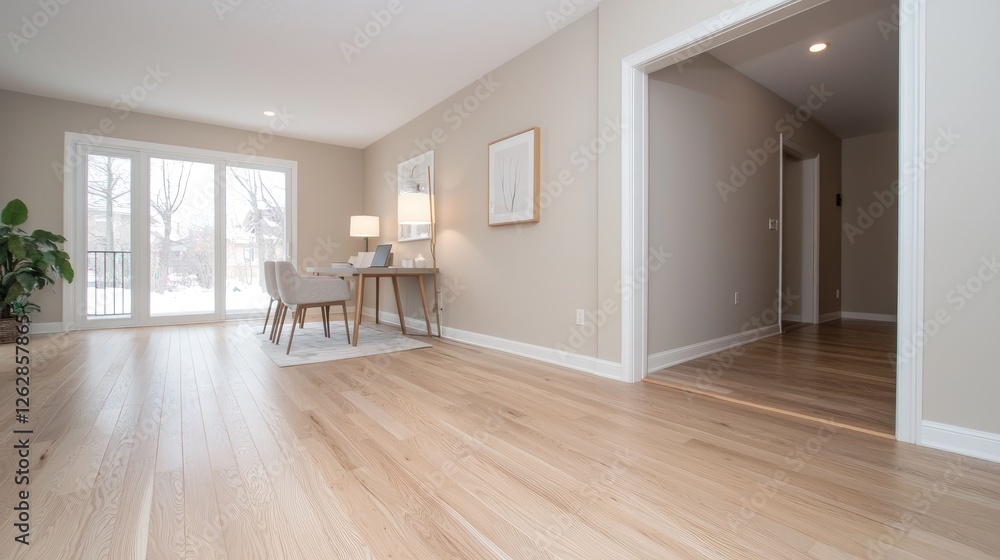 Modern home office with hardwood floor, winter view Modern home office with hardwood floor, winter view