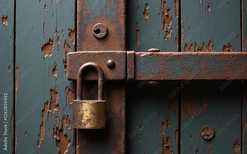 Rustic Padlock on Weathered Wooden Door with Peeling Paint Rustic Padlock on Weathered Wooden Door with Peeling Paint