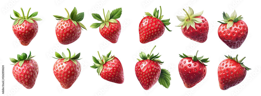 Vibrant array of ripe strawberries with fresh green leaves isolated against a white backdrop, ideal for healthy eating and summer recipes, Isolated on White Background Cutout Vibrant array of ripe strawberries with fresh green leaves isolated against a white backdrop, ideal for healthy eating and summer recipes, Isolated on White Background Cutout