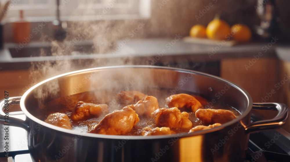 A modern kitchen with a large pot of frying oil with chicken pieces sizzling and steam rising A modern kitchen with a large pot of frying oil with chicken pieces sizzling and steam rising