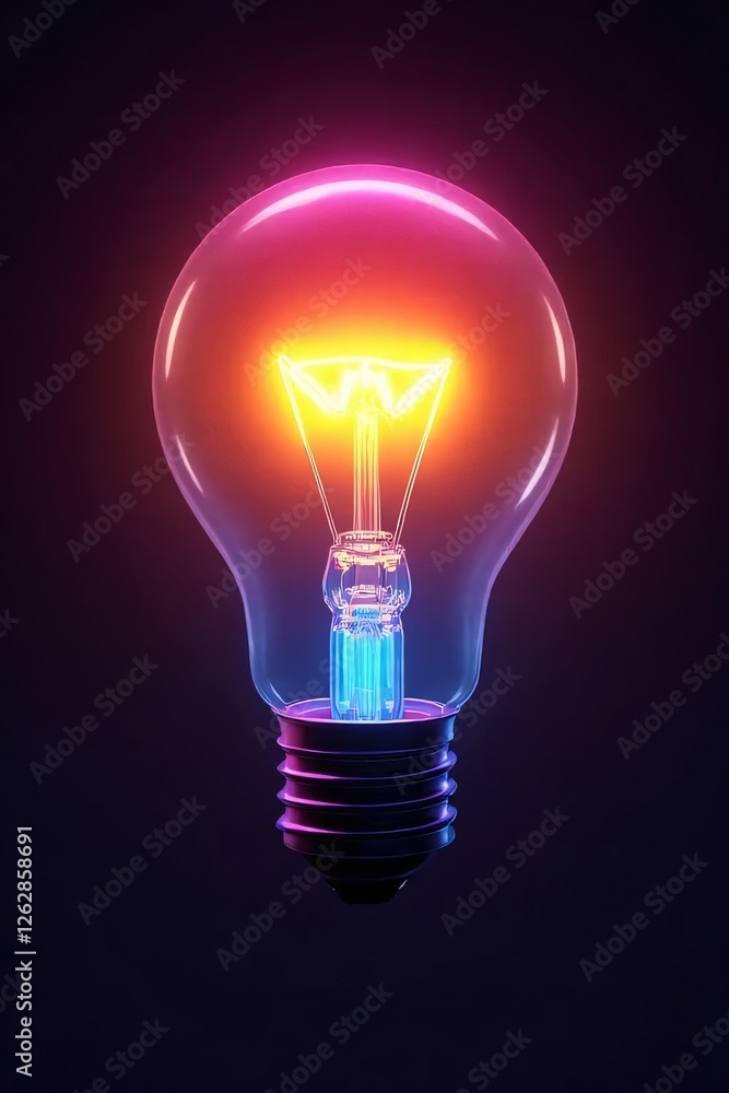Vibrant Neon Light Bulb with Colorful Glow Against Dark Background Vibrant Neon Light Bulb with Colorful Glow Against Dark Background