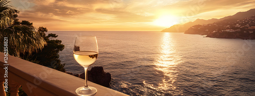 A glass of white wine on the balcony overlooking an ocean sunset
