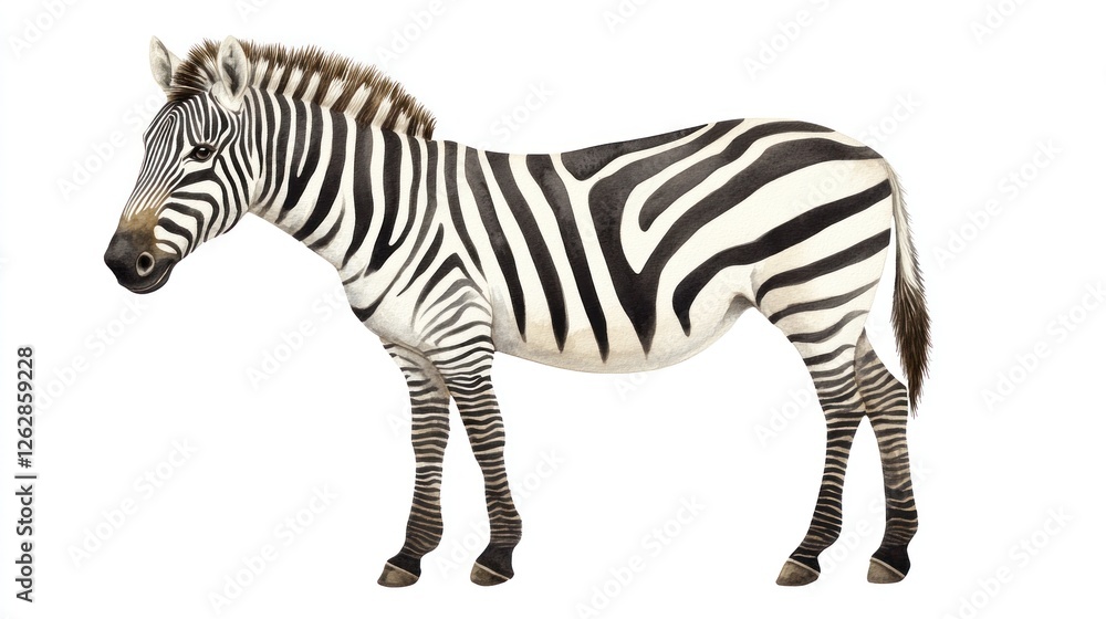Fototapeta premium Zebra standing, white background, wildlife illustration, educational use
